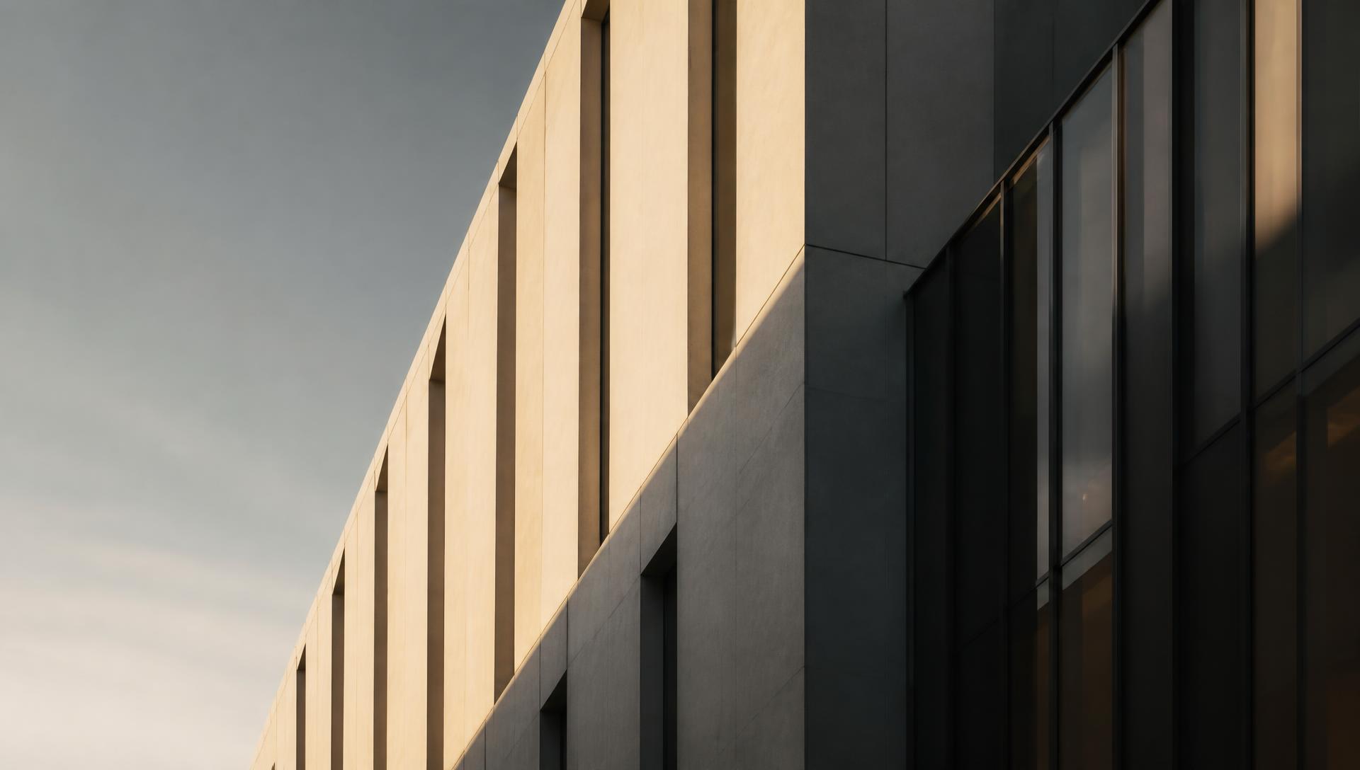 Modern stone and glass office facade in warm afternoon light