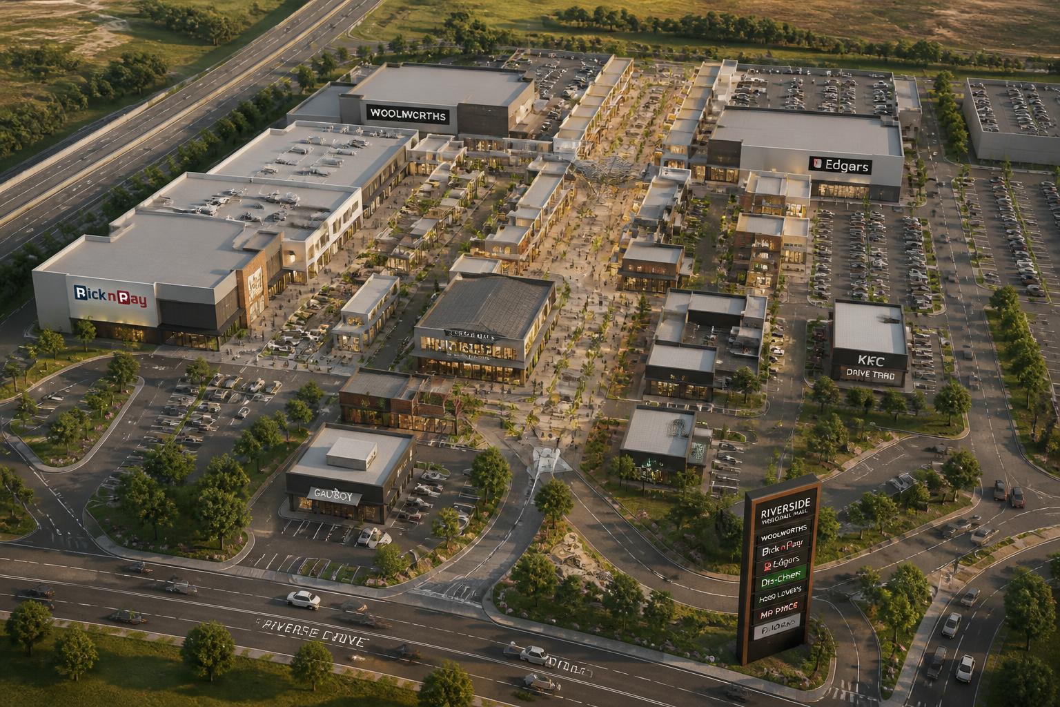 3D architectural site development plan for a large regional shopping centre with retail blocks, parking and pedestrian mall