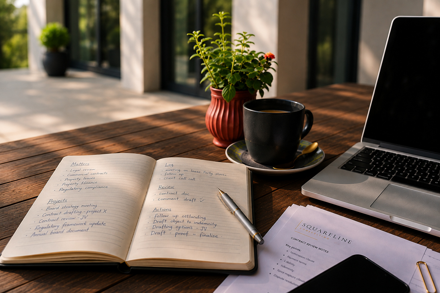 Open notebook with handwritten legal notes, a pen, a coffee cup and a laptop on a wooden desk
